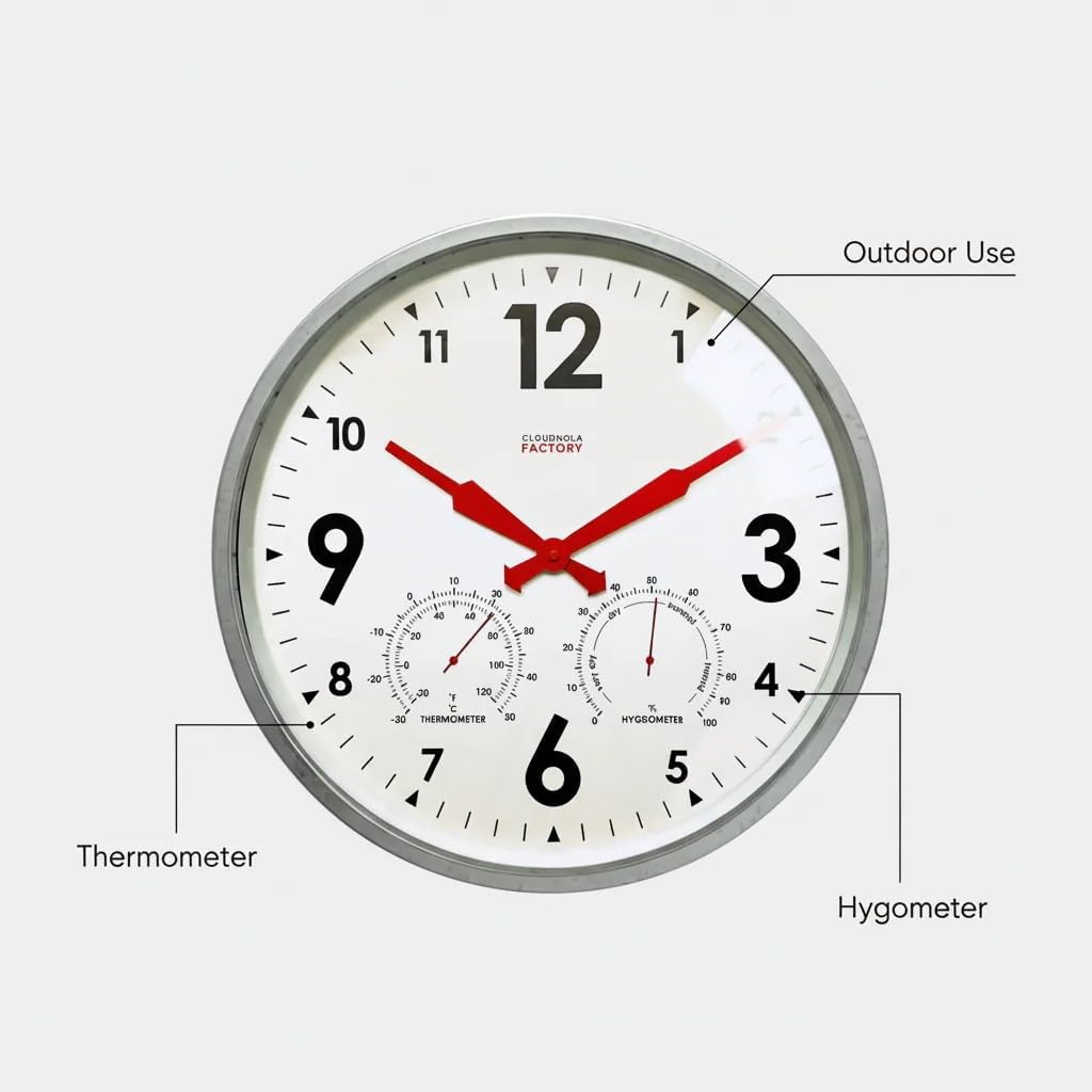 Cloudnola Indoor Outdoor Waterproof Metal Wall Clock with Thermometer and Hygrometer, Zinc Gray, 12 inch Silent Non-Ticking Battery Operated Quality Quartz Round Clock for Patio and Home Decor
