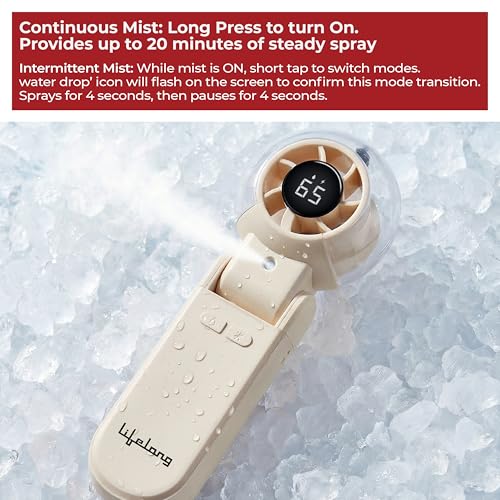Image of Lifelong Foldable Mist Hand Fan with Digital Display | 5 Speed Portable Handheld Fan with Dual Mist Modes | Type-C Charging, 4000mAh Battery, 6W BLDC Motor | 90 Foldable Hand-Free Table Fan (Beige)