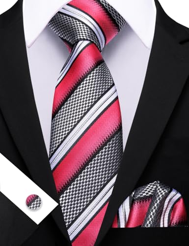 Image of Barry.Wang Tie Sets for Men Silk Stripe Necktie Woven Checkered Handkerchief Cufflinks Formal Business Wedding