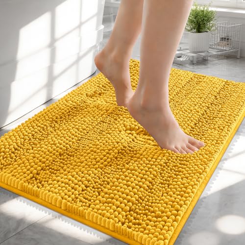 Image of OLANLY Thick Small Bathroom Rugs 24x16, Extra Absorbent Chenille Striped Bath Rugs, Rubber Backing, Machine Wash, Bath Mats for Bathroom Floor, Tub and Shower, Home Decor Accessories, Golden Yellow
