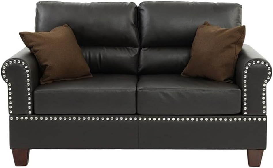 Pemberly Row 2-Piece Faux Leather Sofa and Loveseat Set, Espresso Finish, Solid Wood Frame, Nailhead Trim, Rolled Arms, Includes 4 Pillows, Living Room Seating, Sofa 82", Loveseat 62"