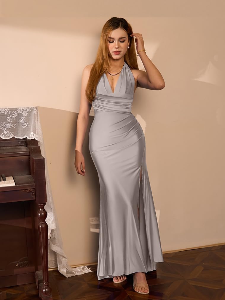 LAGSHIAN Women's Elegant V Neck Halter Backless Bodycon High Split Ruched Long Formal Evening Dress - Image 5