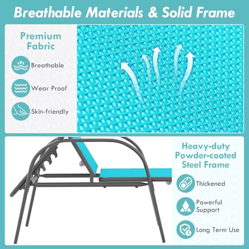 Image of Giantex 2 Pack Patio Lounge Chair, Outdoor Chaise Lounge with 5 Adjustable Backrest, Sturdy Steel Frame, Sunbathing Recliner, Tanning Chair for Beach, Outside, Yard, Balcony, Pool Chairs (2,Turquoise)