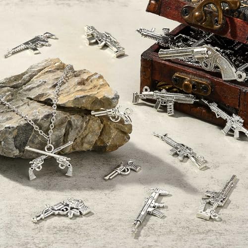 Stiesy 60Pcs 12 Styles Antique Silver Gun Charms - Vintage Pistol, Rifle, Tibetan Submachine Gun for DIY Crafts Jewelry Making - Image 4