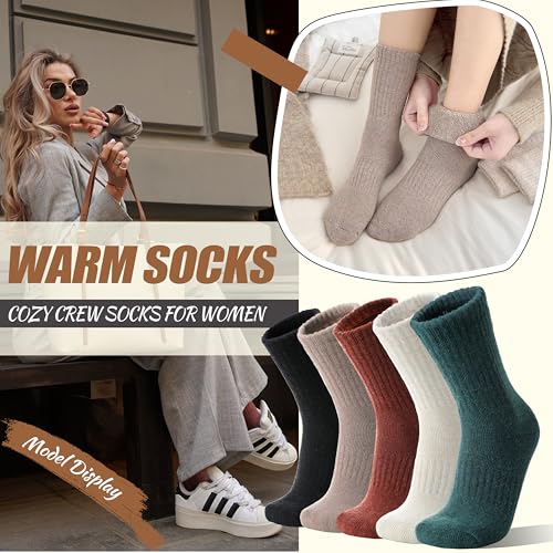 Image of EBMORE 5 Pairs Women Merino Wool Boot Socks Warm Thermal Winter Thick Hiking Cozy Cabin Crew Comfy Socks for Ladies