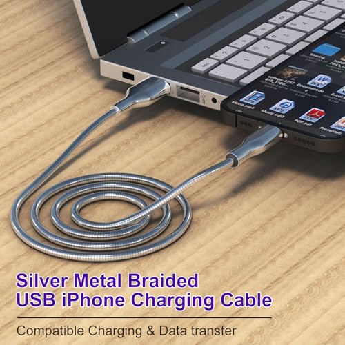 Image of 6FT Chew Proof iPhone Charger Cord - MFi Certified Silver Metal Braided USB to Lightning Cable, Metal Dog Cat Chew Proof iPhone Charging Cord with Data Transfer, for iPhone 14 13 12 11 X XS XR 8 7 6 5