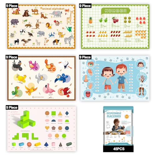 KAshack 45 Pack Sticky Disposable Placemats for Baby & Toddlers,Toddler Placemat 12'x18' Kids Table Mat for Party, Picnic Table, Restaurants Dining Table Travel Essentials for Toddlers with 5 Designs