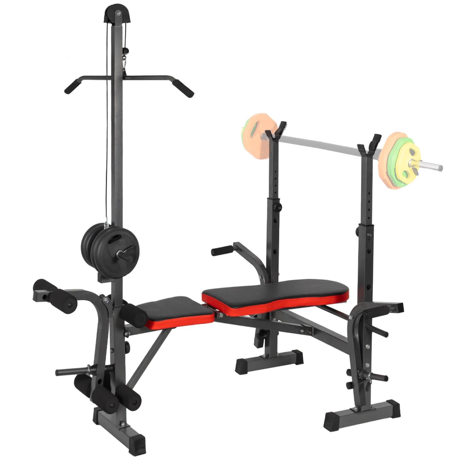Banco de Pesas Multifuncional Banco de Musculación Plegable, Banco Abdominales Respaldo Ajustable Soporte de Barras con Entrenador de Polea, Banco Musculación Gym en Casa