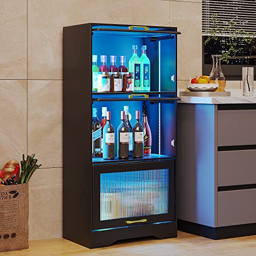 HNEBC Book Shelf with LED Lights, Arched Display Case with Storage Cabinet, Smart File Cabinet with Glass Door, Curio Cabinet with Solid Wood Legs for Home Office/Bedroom Furnniture-Brown