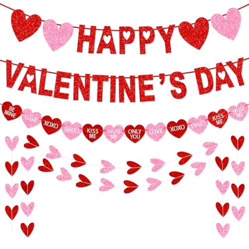 Happy Valentine's Day Banner, NO DIY Red Pink Glitter Valentines Heart Banner for Valentines Party Decorations Hollow Conversation Heart Valentines Day Paper Garland for Home Mantle Office Decor