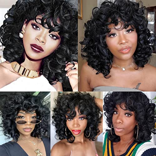 Elim Curly Wigs For Black Women Short Kinky Curly Black Wigs For Women Big Curly Afro Soft Wig With Bangs Heat Resistant Natural Cute Synthetic Wig With Accessories Z014 #TOP3