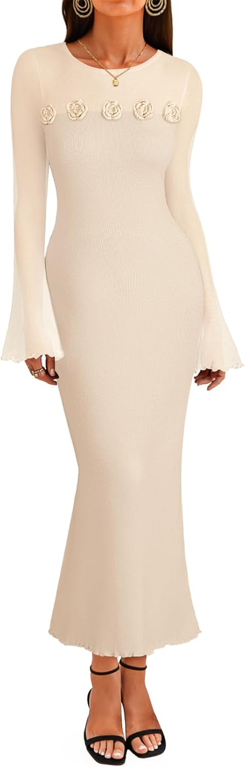 MEROKEETY Women's Sweater Dress Fall 2025 Long Sleeve Formal Wedding Guest Cocktail Bodycon Floral Maxi Winter Dresses