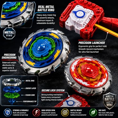 Image of PLUSPOINT 2 Metal Spinning Tops Toy Set with Launcher, Set of 2 Piece Gyro Spin Tops Game for Kids, Fun Competitive Spinning Toy Gift for Boys and Girls Age 6+