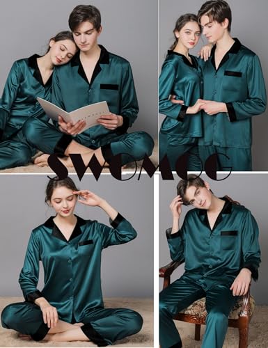 SWOMOG Couples Satin Pajama Set Women & Men Long Sleeve Sleepwear Button Down Loungewear Silky Pj Set with Long Pants4