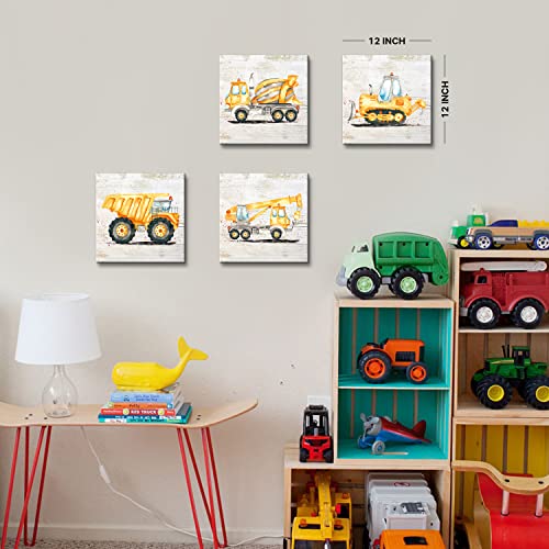 Construction Car Wall Art Boys Room Decor Cartoon Truck Tractor Digger Canvas Posters For Boy Bedroom Toddler Pictures Watercolor Vehicle Theme Paintings Kids Nursery Artwork Decorations 12X12”4Pcs #TOP3