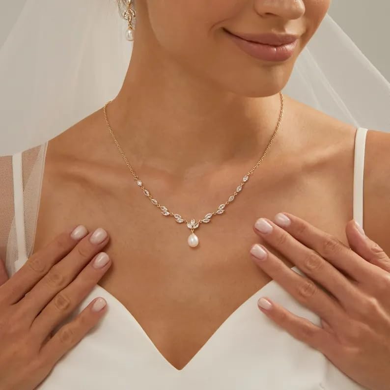 Dainty Freshwater Pearl Crystal Wedding Necklace Bridal Bridesmaid Necklaces Jewelry Gifts For Women Ladies - Image 2