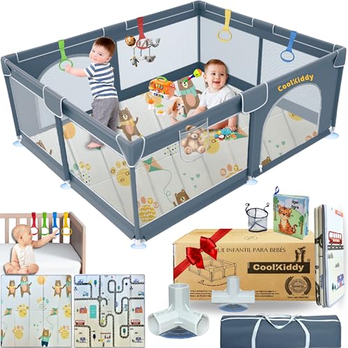 CoolKiddy - Parque Infantil Bebe 120x120 + Alfombra de Juegos Gruesa + 4 Agarraderas + Bolsa De Guardado + Libro Sensorial + Piezas Extras - Corralito Bebe es Ideal Para Gatear Con Seguridad