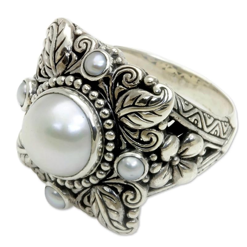 Ganquya Woman's Huge Shiny 925 Sterling Silver Statement Round Pearl Ring Simulation Freshwater Pearl Floral Leaves Vintage Antique Look Statement Promise Ring(6)