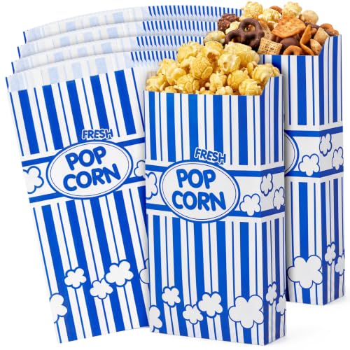 Image of Potchen 300 Pcs Popcorn Paper Bags Disposable Grease Resistant Striped Popcorn Container for Movie Night Carnival Party Theater (Blue,2 oz)