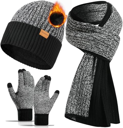 floconssy 3 PCS Men's Winter Hat Scarf Gloves Set, Warm Knit Beanie Thermal Long Scarf fleece lined Touchscreen Gloves for Cold Weather Black Grey