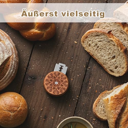 BrKern Bäckermesser Set – Rundes Teigmesser aus Holz mit 5 Edelstahl-Klingen & roter Lederhülle – Profi Ritzmesser für Baguette & Sauerteig, Klinge einziehbar