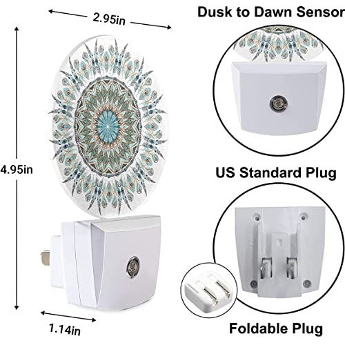 Image of Flower Mandala Night Lights Plug into Wall Turquoise Yellow Blue Floral Paisley LED Dusk to Dawn Plug-in Nightlight Auto Sensor for Bedroom Bathroom Hallway Living Room