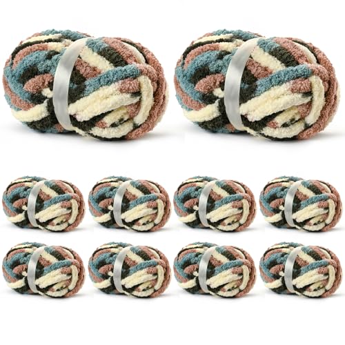 Image of 10 Pack Jumbo Chunky Yarn for Hand Knitting, Fluffy Variegated Chunky Chenille Yarn for Crocheting, 240yds /70.5oz Super Bulky Soft Crochet Baby Blanket Yarn(Apricpot Green)