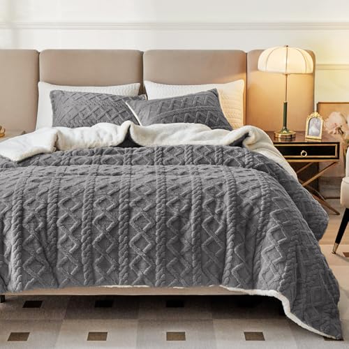 Joyreap 3-Piece Fluffy Faux Fur Sherpa Comforter Set Gray Queen Size Luxury Tufted Bedding Comforter Set All Season Soft n Cozy Plush Comforter Bed Set- 88x88 inches