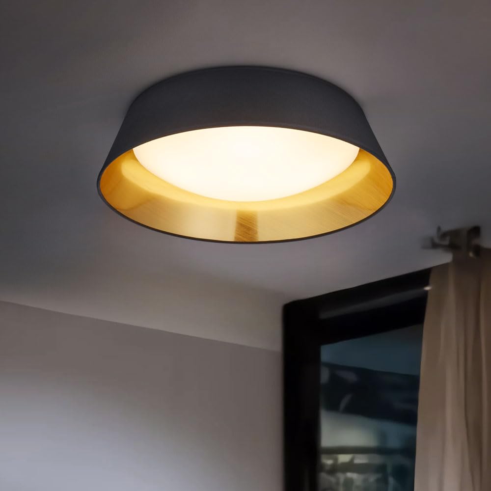 Reality Leuchten LED Deckenleuchte Ponts R62871879, Acryl weiß, Stoffschirm schwarz/goldfarbig, inkl. 18 Watt LED, Durchmesser 35,5cm
