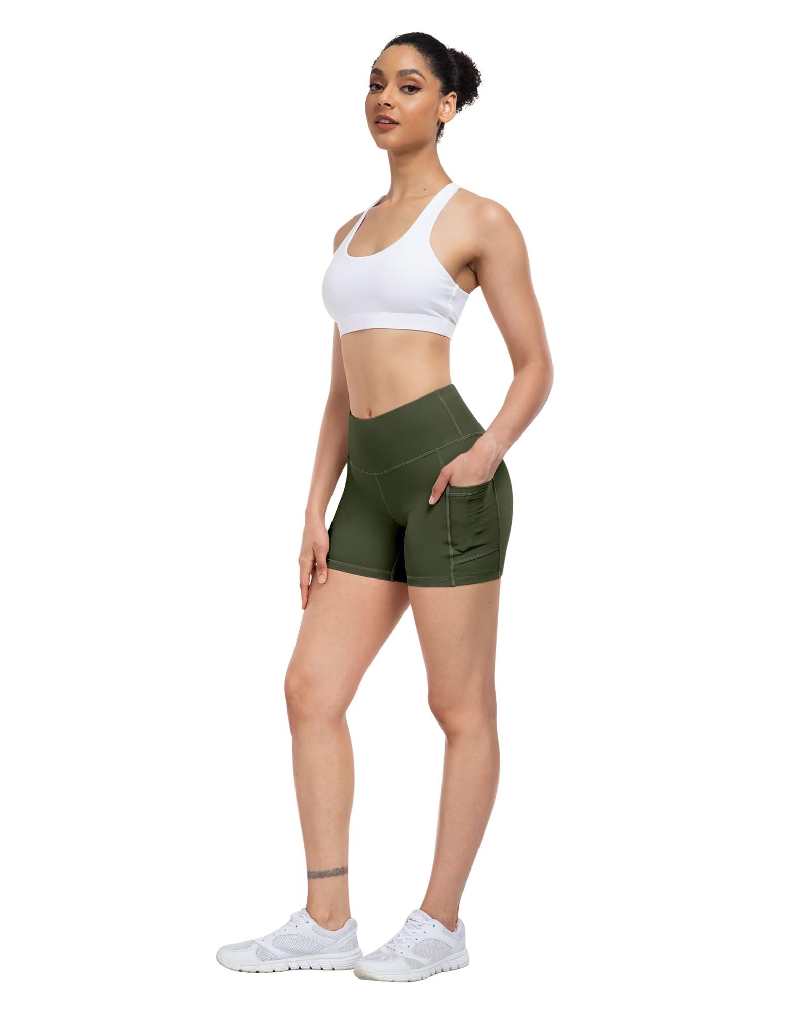 ATHVOTAR Lot de 4 shorts de yoga en élasthanne avec poches pour femme 7,6 cm/12,7 cm/20,3 cm, short de motard gainant le ventre, Noir/gris/bleu marine/vert kaki, Taille XL