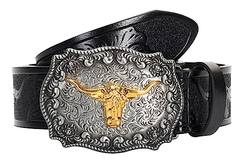 Image of UTOWO Western PU-Leather Cowboy Buckle Belt for Men and Women Jeans Engraved Floral Longhorn Bull Buckle Belt (25-38 inch waist)