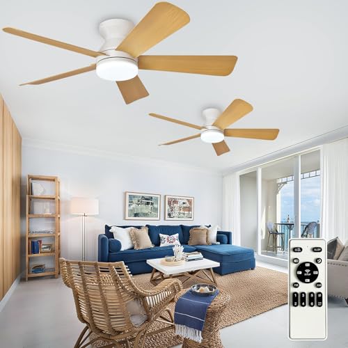 Image of Depuley 42-Inch Ceiling Fans with Lights: Indoor /Outdoor Flush Mount Ceiling Fan with Remote Control - Wood 5 Blade Low Profile Fandelier for Kitchen Gazebo - Reversible Quiet Timer - 2 Packs