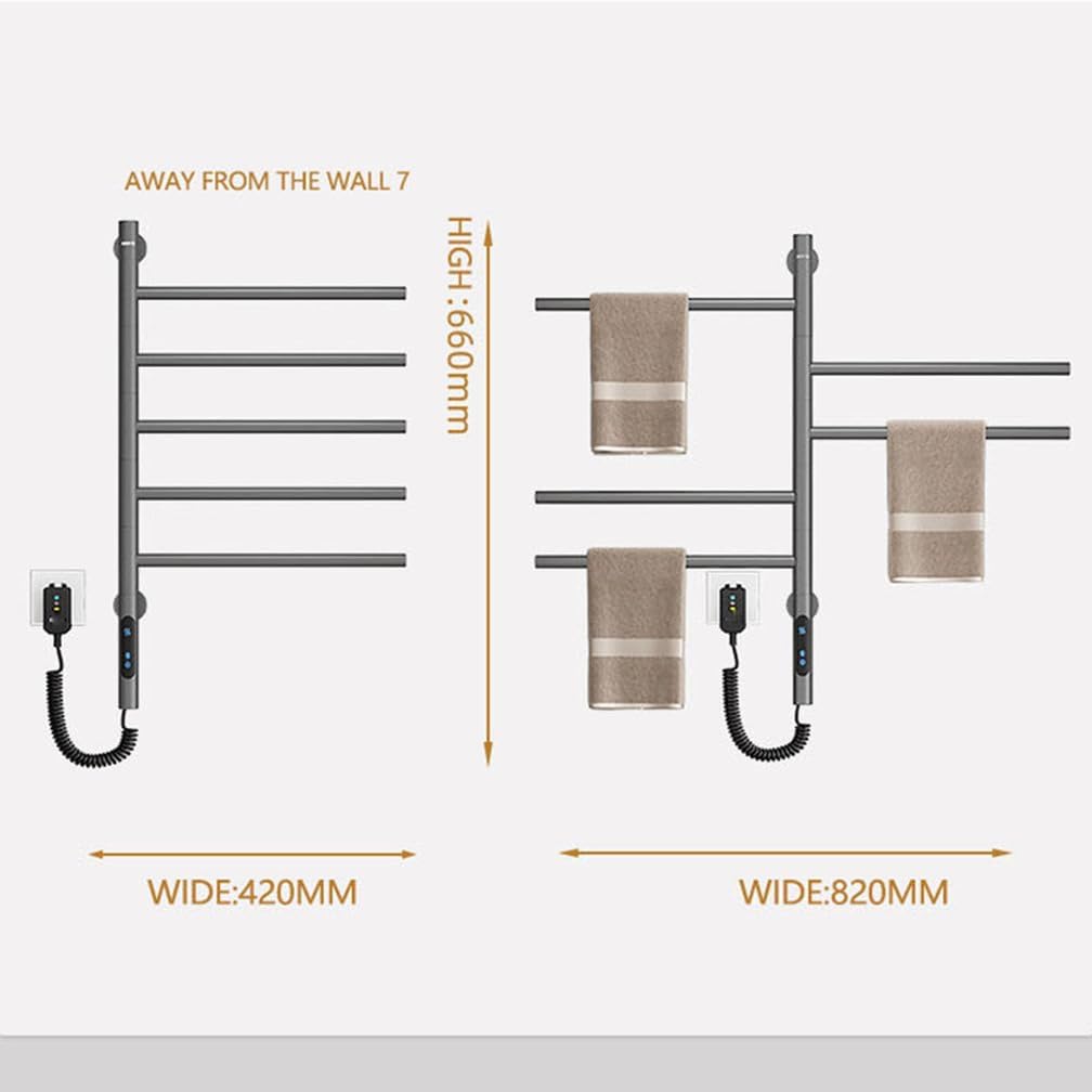 Electric Heated Towel Rack, Rotating Towel Warmer Wall Mounted Drying Rack,Stainless Steel Towel Warmer 5 Bars with Built-in Timer, 1h-8h,82w,for Home Bathroom, Salons and Spas,Plug-in,Black