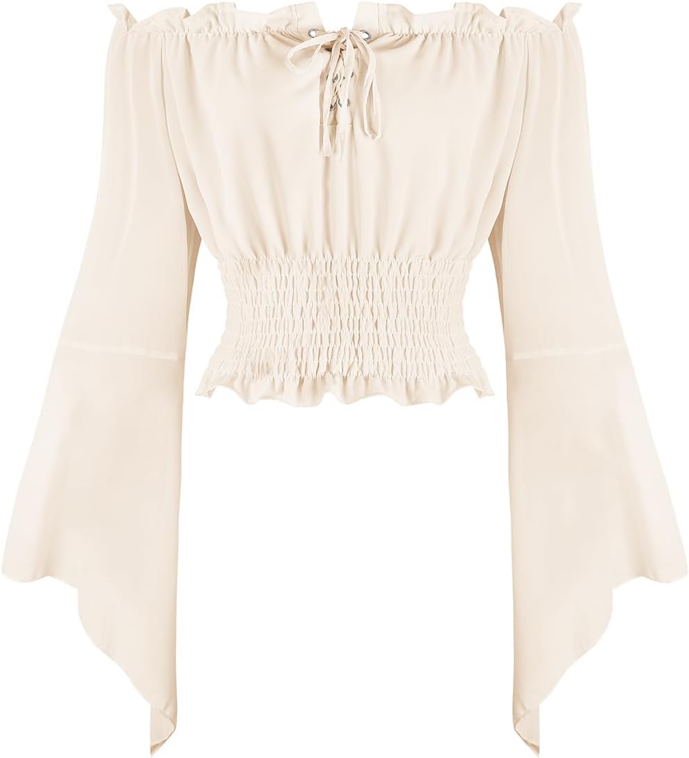 KIMIKAL Renaissance Cottagecore Shirt Women Peasant Blouse - Tie Front Off Shoulder Trumpet Sleeve Top