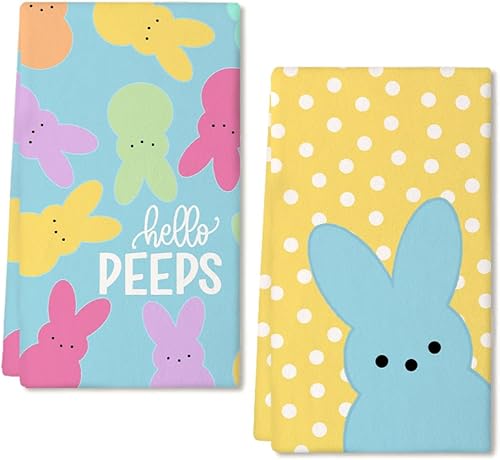 Miniatura 1 de ARKENY Juego de 2 toallas de cocina de Pascua, diseño de conejito de lunares blancos, Hello Peeps, paños de cocina de secado de 18 x 26 pulgadas,