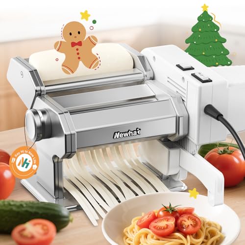 Newhai Electric Pasta Maker QM-1 Ramen Noodle Machine Adjustable Thickness (0.2-0.5mm) Pasta Roller & Cutter 1.5mm Spaghetti 6mm Wide Noodle Manual & Motorized for Home Kitchen Use