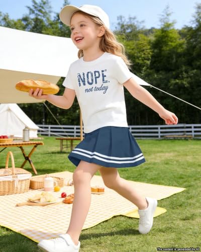 Image of Betusline Girls Skirt Set JK School Uniform 2-Piece Outfit - Short Sleeve & Webbing Solid Skirt,Letter Print,Dark BLue,7-8Years = Tag 140