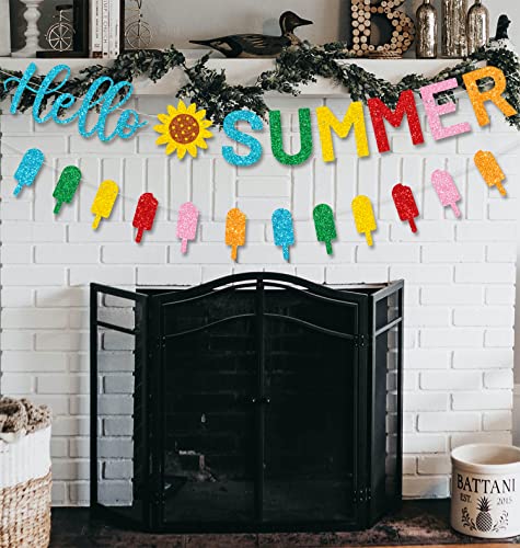 Cavla Glitter Hello Summer Banner With Sunflower Signs And Colorful Glittery Popsicle Banner Hello Summer Ice Cream Garland Banner Summer Birthday Party Fireplace Mantle Decorations Supplies #TOP3