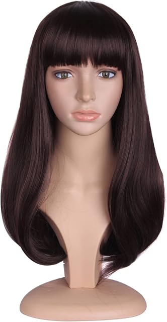 MapofBeauty Flat Bangs and Straight Hair Slightly Curled Wig (Dark Brown)