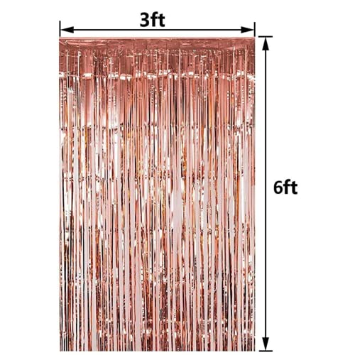 Image of 3 ft X 6 ft 10 inches Rose Gold Metallic Foil Fringe Curtains for Anniversary /Birthday /House Party (3pc Rose Gold Metallic Tinsel Foil Fringe Curtains)