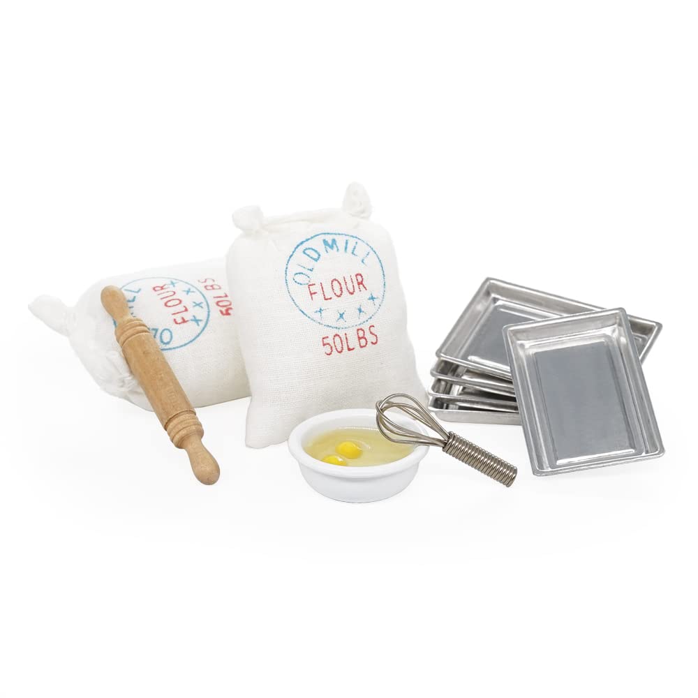 Odoria Puppenhaus Miniatur Backzubehör – 1/12 Maßstab, 5 Backbleche, Nudelholz, Rührschüssel – Für Küchendeko