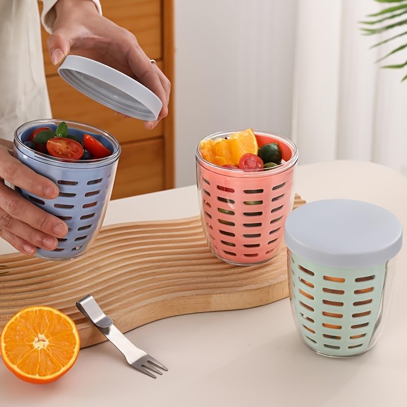 Fruit Cup Salad Bowl with 304 Stainless Steel Fork, Multifunctional Fruit Container with Drainage (Green)
