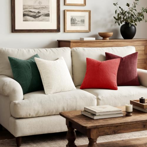 Image of MIULEE Corduroy Decorative Throw Pillow Covers Christmas Red White 18x18 | Set of 4, Mordern Christmas Decor, Classic Red White Green Set, Boho Farmhouse Cushion Covers for Couch Bed Sofa Living Room