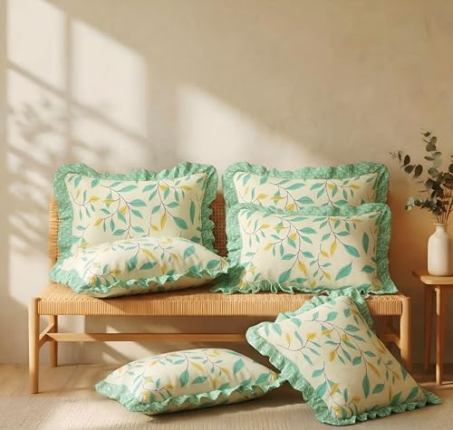 Image of VAS COLLECTIONS Cotton Pillow Covers Set of 6 (18x28 Inch) Rectangular Throw Pillow Cases with Frill Border, Envelope Closure Cushion Covers for Living Room, Bedroom & Diwan (Green Wine)