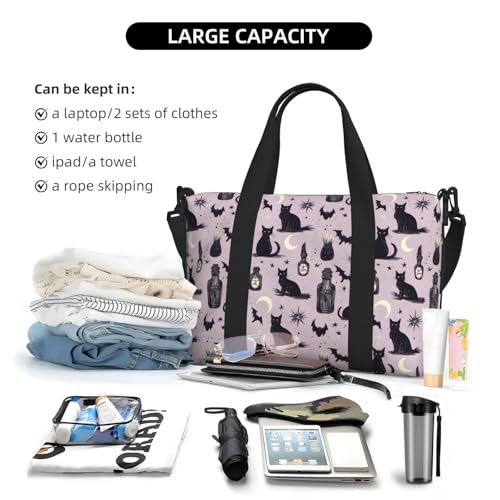 Halloween Black Cat Print Travel Duffle Bags for Women, Personal Item Overnight Weekender Sport Carry On Gym Bag for Men Women4
