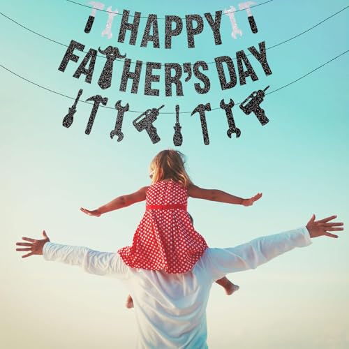 Image of Pre-Strung Happy Fathers Day Banner Party Decorations, NO DIY Glitter Fathers Day Banner with Household Tools Garland for Step Dad Grandpa Papa Home Indoor Mantel Wall Room Photo Props Backdrop Decor