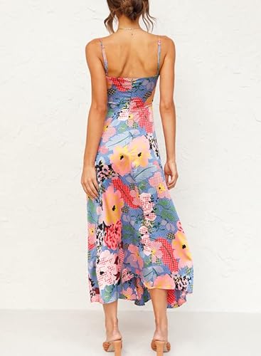 Dokotoo Womens Fashion Vintage Plus Size Summer Floral Print Spaghetti Strap Split Sundress Sexy V Neck Tie Front Bohemian Satin Cut Out Maxi Dress For Party Multicolor Medium #TOP1