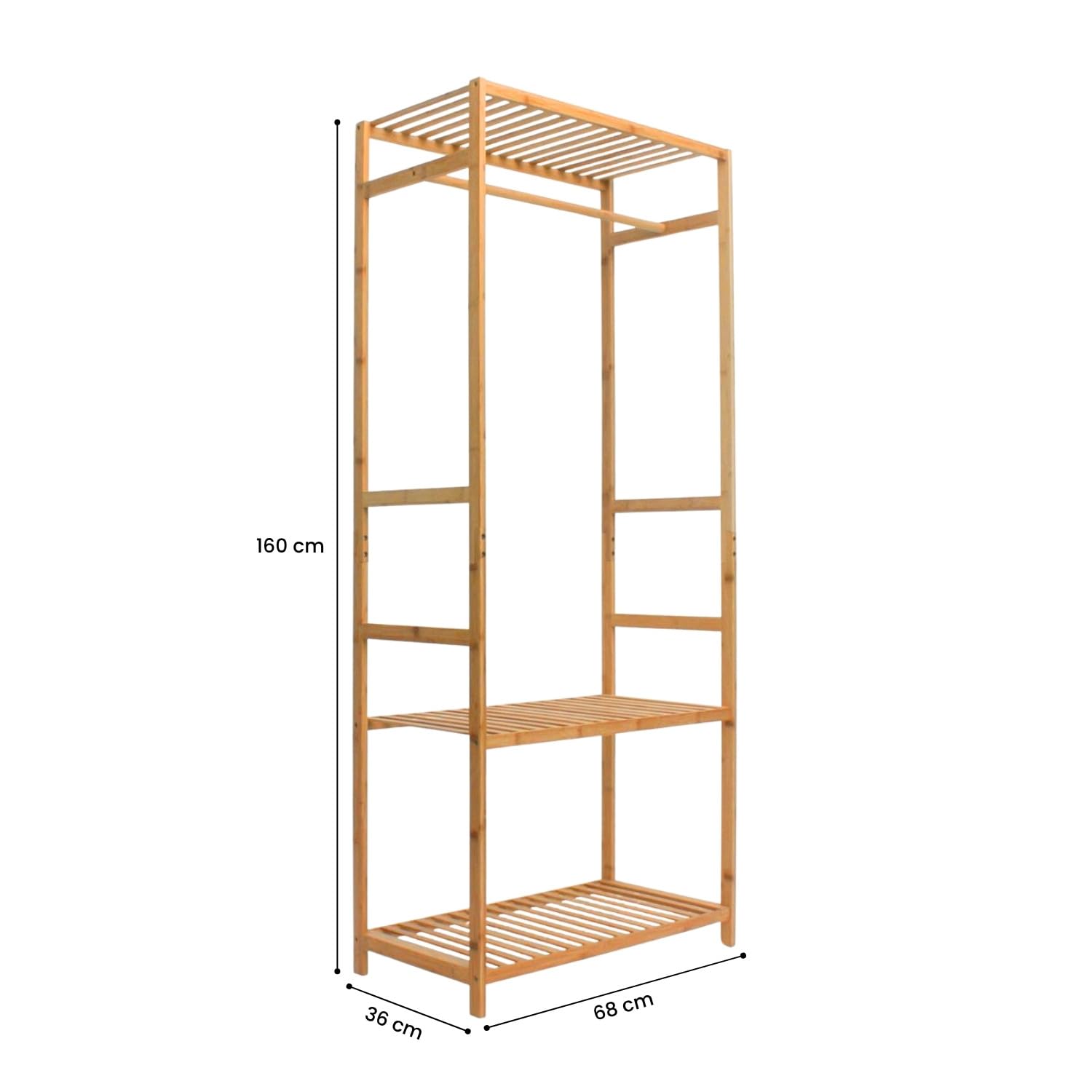 THINIA HOME - Perchero de Pie de Bambú Natural con Barra para Ropa y 2 Estantes Abiertos, Organizador de Entrada, Dormitorio o Recibidor, Estilo Nórdico, 68x36x160 cm