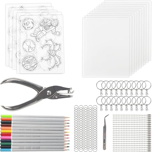 NVGVUP 169 Piezas Plastico Magico Horno Para Hacer Llaveros Set, Papel Magico Horno Imprimible, DIY Manualidades Niños, con 5 Papel Arte Retráctil Patrón, Perforador Lápiz Cierre