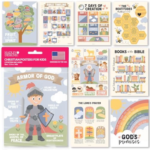 Image of Hadley Designs Sunday School Decorations for Classroom -9 Bible Posters for Kids, Books of the Bible, 10 Commandments, Bible Timeline Chart, Fruits of the Spirit, Boho Christian Classroom Decor